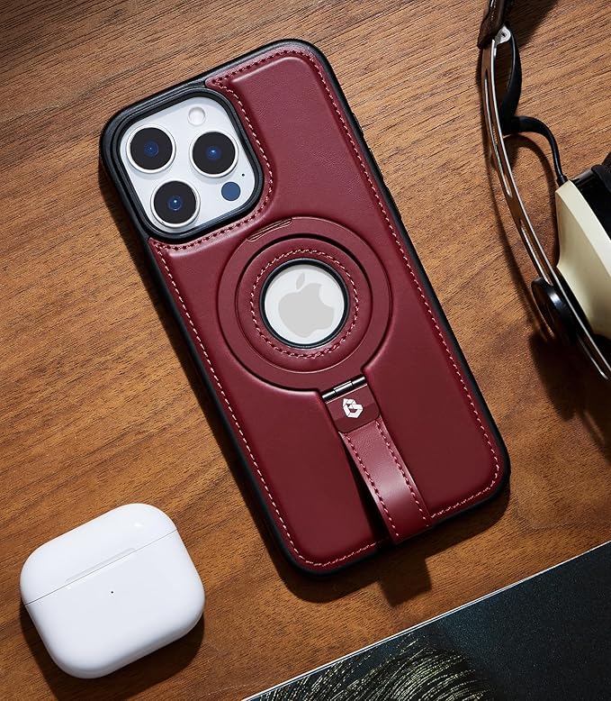 Butaiga for iPhone 15 Pro Max Leather Case with Stand, Anti-Slip Grip Ring, Fits for MagSafe (Burgundy, iPhone 15 Pro Max)