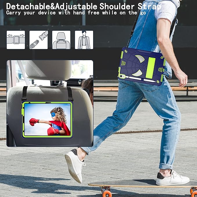 Dteck for iPad Air (3rd Generation) 2019/iPad Pro (2017 Release) Hard Case 10.5" with Kickstand, Shoulder Strap/Screen Protector Film/Stylus Included, Shockproof Cute Spider Kid's Cover, Blue/Green