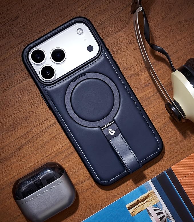 Butaiga for iPhone 17 Pro Leather Case with Stand, Anti-Slip Grip Ring, Fits for MagSafe (Blue, iPhone 17 Pro)