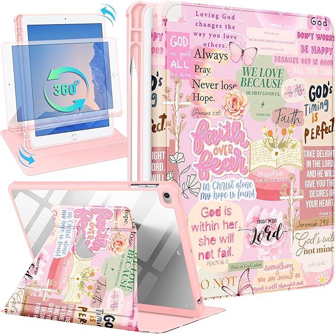 Uppuppy for iPad 5th/6th Generation Case for iPad Air 1st/Air 2nd/Pro 9.7 inch 2016 Case - 360 Rotating Stand Folio Smart Cover with Pencil Holder for Women Girls, Christian Words for Apple Tablet