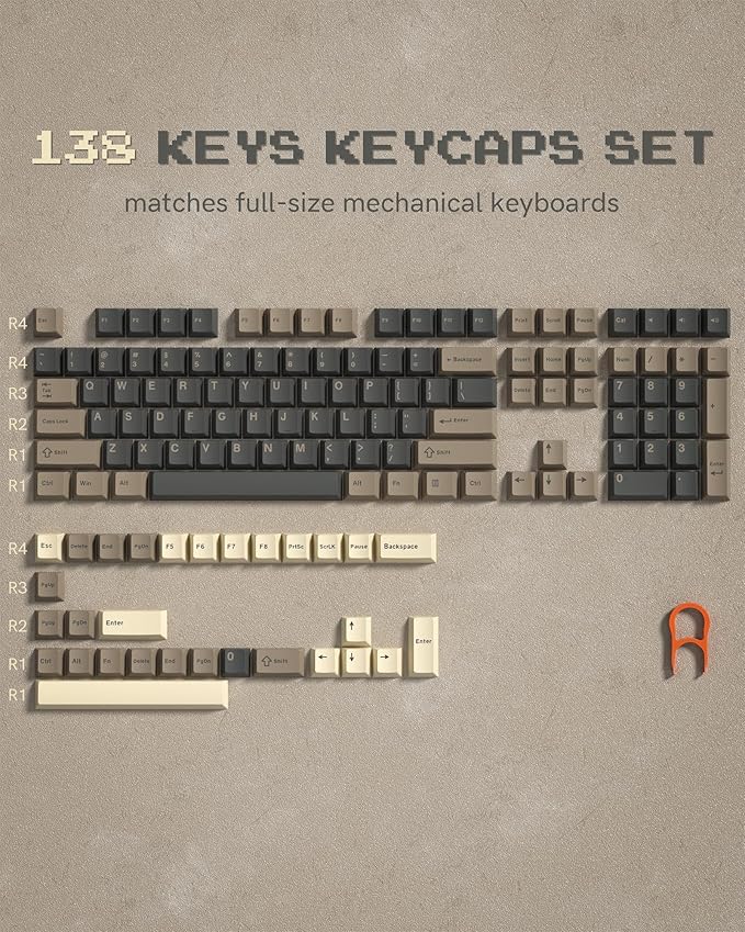 Womier Double Shot PBT Keycaps Set 138 Keys, Cherry Profile Custom Keycaps 60 65 75 100 Percent for 61/64/68/84/87/100/104/108 Retro Gaming Mechanical Keyboard, Brown Gray