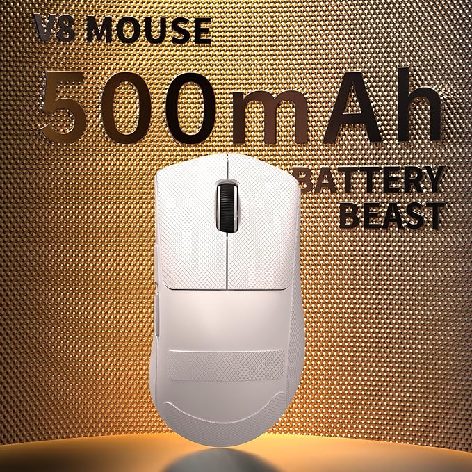 MAMBASNAKE ATTACKSHARK V8 Wireless Ultralight Gaming Mouse with 8K Polling,42000 DPI,Nordic54L15 MCU Chip,PAW3950 Max Sensor-Wired/BT/2.4Ghz,400Hrs Long Battery,Programmable for PC Mac FPS(White+Tape)