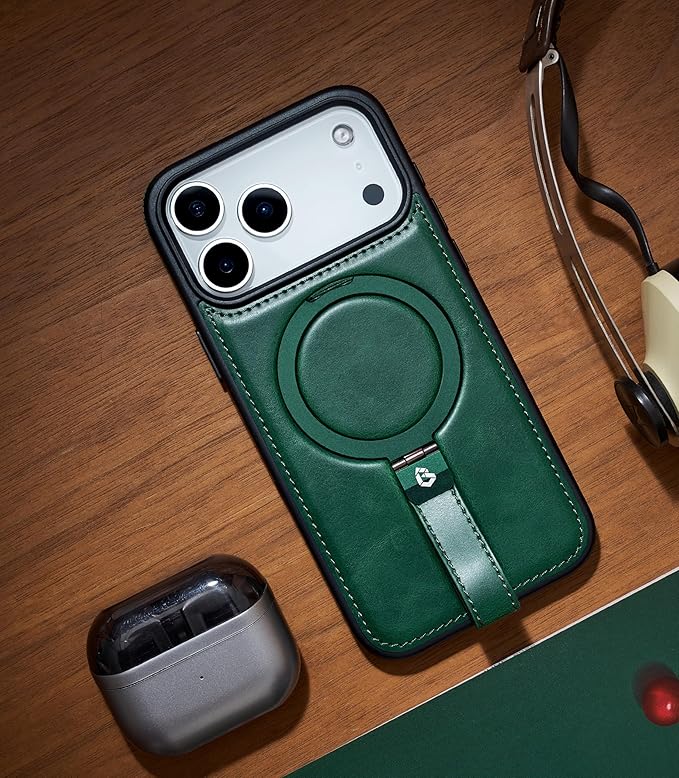 Butaiga for iPhone 17 Pro Max Leather Case with Stand, Anti-Slip Grip Ring, Fits for MagSafe (Green, iPhone 17 Pro Max)