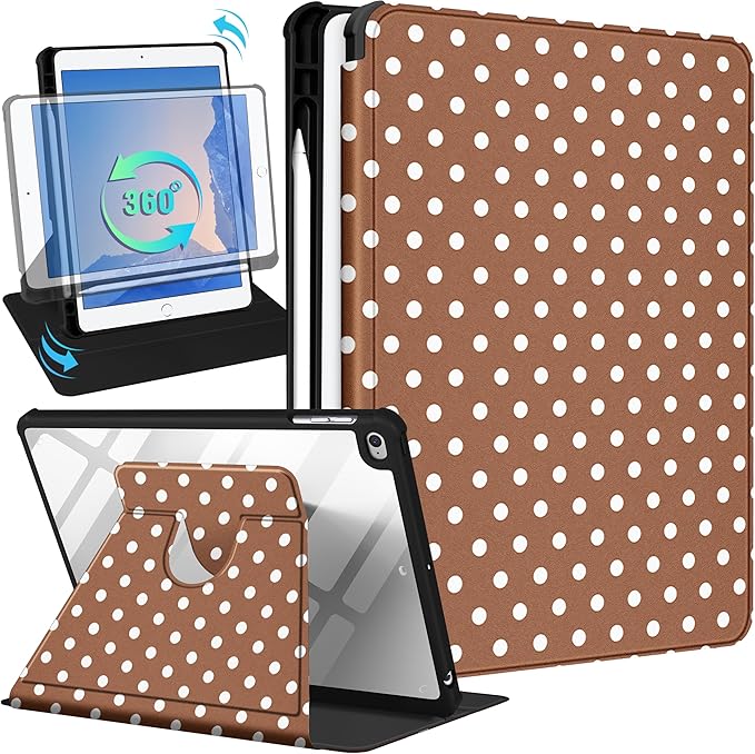 Uppuppy for iPad 5th/6th Generation Case for iPad Air 1st/Air 2nd/Pro 9.7 inch 2016 Case - 360 Degree Rotating Stand Folio Smart Cover with Pencil Holder for Women Girls, Brown Polka for Apple Tablet