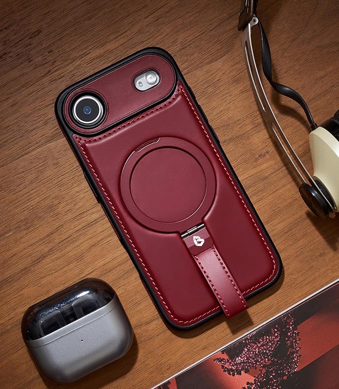 Butaiga for iPhone Air Leather Case with Stand, Anti-Slip Grip Ring, Fits for MagSafe (Burgundy, iPhone Air)