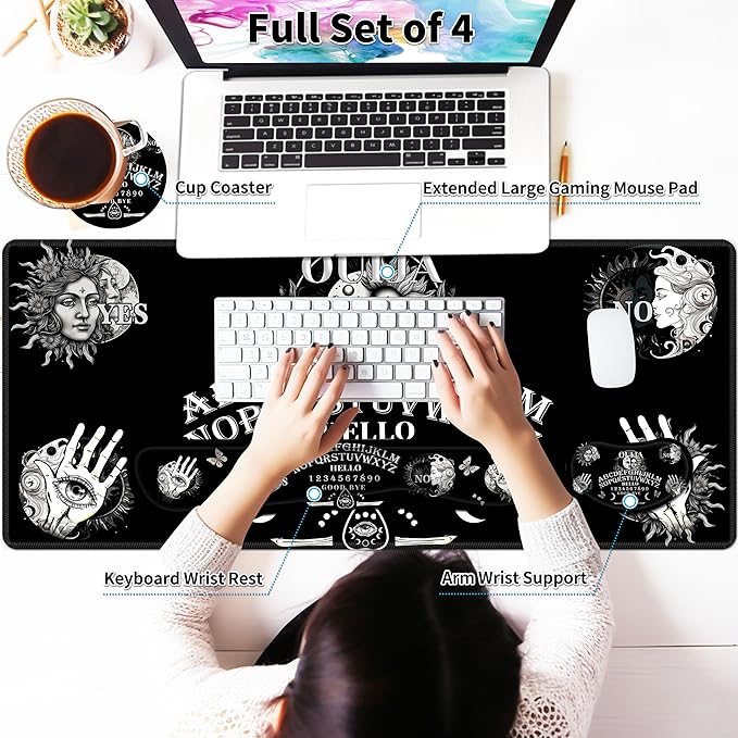 Large Gaming Mouse Pad Set 35.4 x 15.7 with Keyboard Wrist Rest, Wrist Support, and Coaster Memory Foam Smooth Desk Pad Mousepad for Home Office School - Ouija Board