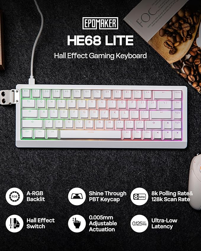 EPOMAKER HE68 Lite Hall Effect Gaming Keyboard, 8k Polling & 128K Scan Rate, 0.01mm Adjustable Trigger, 0.125ms Latency, 5-Layer Sound-Dampened, Snap Key, SOCD, A-RGB, Wired, Mac Software (White)