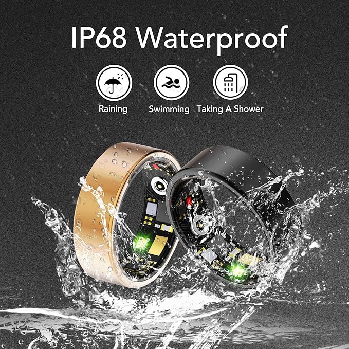 Smart Health Ring for Women Men Fitness Tracker with Heart Rate, Blood Oxygen, Blood Pressure, Sleep Monitoring, Step Counting, IP68 Waterproof for iOS and Android, No APP Fee, Gold 6