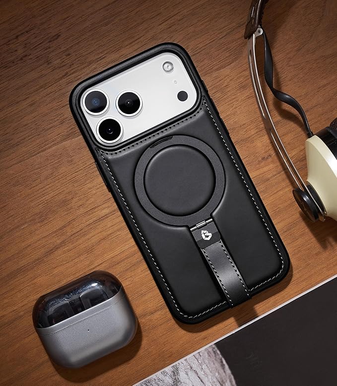Butaiga for iPhone 17 Pro Leather Case with Stand, Anti-Slip Grip Ring, Fits for MagSafe (Black, iPhone 17 Pro)