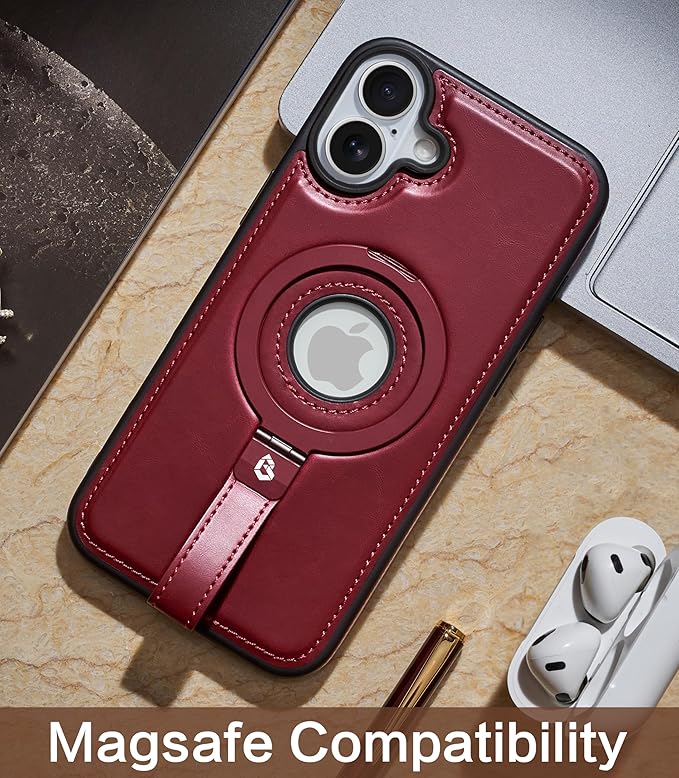 Butaiga for iPhone 16 Leather Case with Stand, Anti-Slip Grip Ring, Fits for MagSafe (Burgundy, iPhone 16)