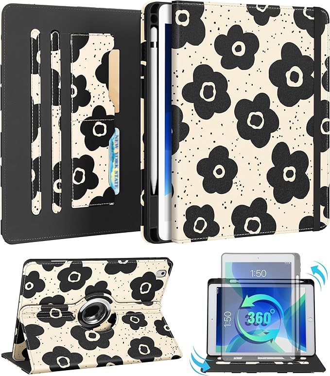 Kidcube for iPad Air 3rd Generation Case/Pro 10.5 Inch Case - Women Girls Cute Rotating Stand Folio Cover with Pencil Holder & Card Slot Black Flowers Floral Design Cover for iPad Pro 10.5''/Air 3rd