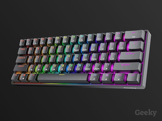 Geeky GK61 60% | Hot Swappable Mechanical Gaming Keyboard | 61 Keys Multi Color RGB LED Backlit for PC/Mac Gamer | ANSI US American Layout (Black, Mechanical Blue)