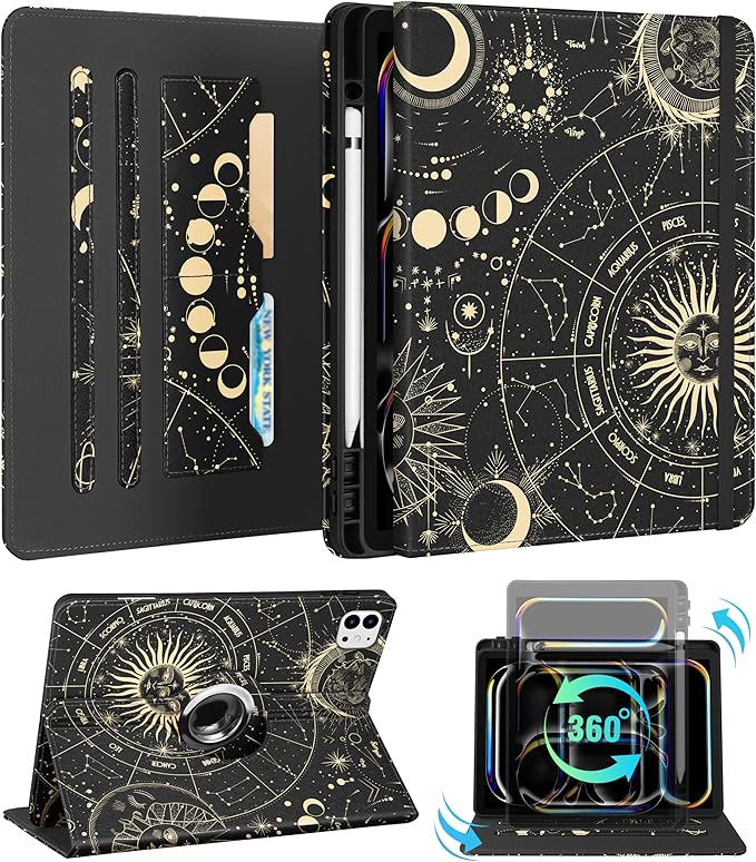 Kidcube for iPad Pro 13 Inch Case M4 2024 - Women Girls Cute Rotating Stand Folio Cover with Pencil Holder & Card Slot Girly Sun Moon Stars Design for iPad Pro 13 Inch Case 2024 (A2925 A2926 A3007)