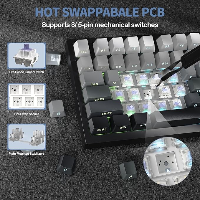 ATTACK SHARK X820 Ultra 75% Wireless Gaming Mechanical Keyboard Hot-Swappable Gasket Mount RGB Backlit BT/2.4G/Wired Custom Keyboard with Smart TFT Display&Knob QMK Driver-Moonlit Night&Gift Switch