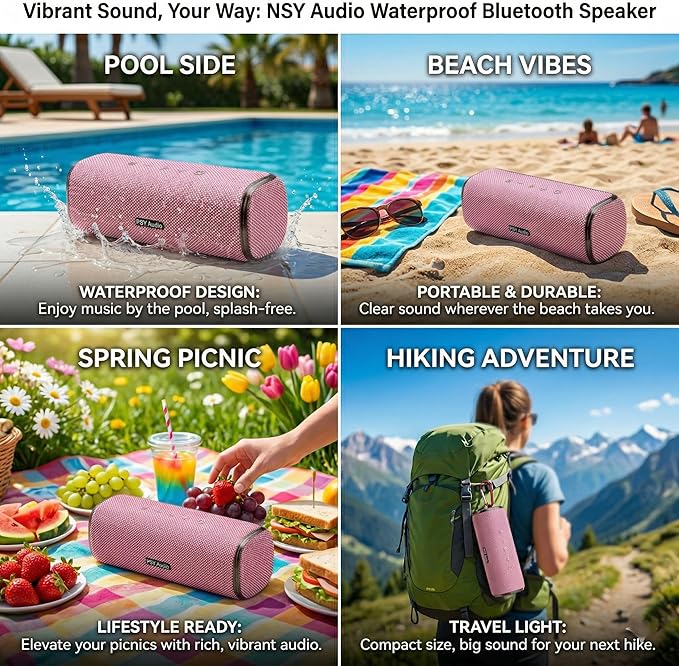 40W Bluetooth Shower Speaker, IPX7 Waterproof Floating Pool Speaker with Interactive Tap-to-Play Drum Beats, RGB Sync Lights, Built-in Mic for Hands-Free Calls, Pink