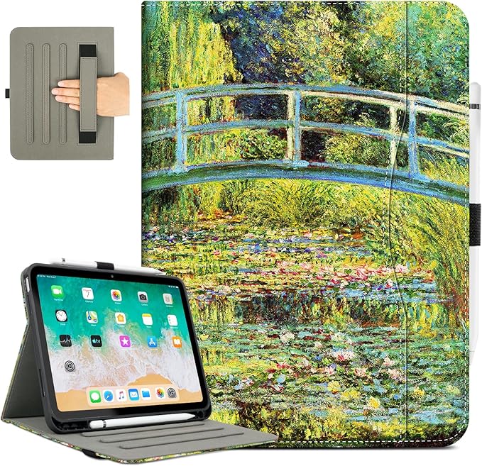 for iPad (A16) 11Th/10Th Generation Case 2025/2022, for iPad Case 11Th/10Th Generation, Fit iPad 10Th/11Th Gen Cases Pencil Holder/Hand Strap/Pocket/Adjustable Stand, Beautiful Water Lilies