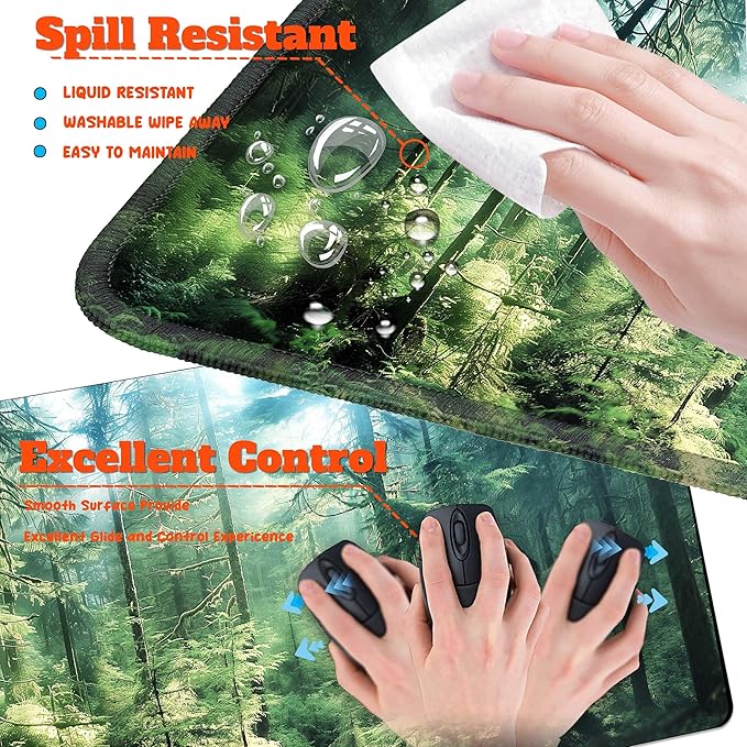 4-Piece Extended Large Mouse Pad Set for Women Men with Green Forest Design Includes 35.4 x 15.7 XXL Large Mouse Pad Keyboard Wrist Rest Mouse Wrist Support and Coaster for Office Home