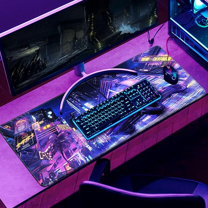 Extended Large Mouse Pad, XL Gaming Mousepad 31.5 x 11.8 Inch,Full Desk Keyboard Mat with Stitched Edges Big Computer Keyboard Desk Pad for Gaming Office, Futuristic Neon City