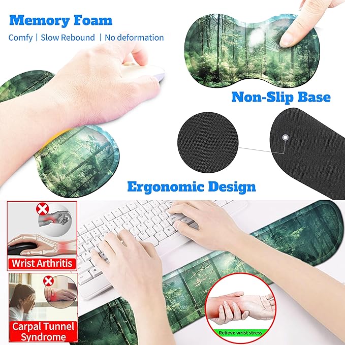 4-Piece Extended Large Mouse Pad Set for Women Men with Green Forest Design Includes 35.4 x 15.7 XXL Large Mouse Pad Keyboard Wrist Rest Mouse Wrist Support and Coaster for Office Home