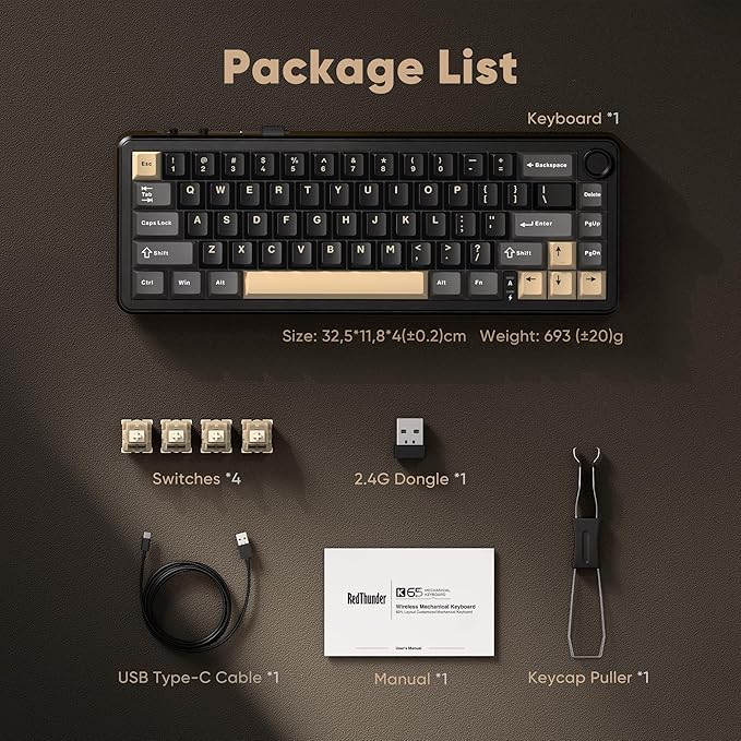 RedThunder K65 Wireless Mechanical Keyboard, CNC Knob, Tri-Mode BT5.0/2.4GHz/USB-C Hot Swappable Custom, Pre-lubed Linear Coconut Switches, Gasket Structure, RGB Gaming Keyboard, Black-Gold