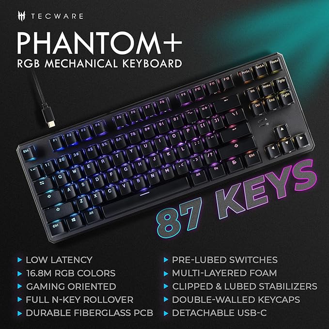 TECWARE Phantom+ 87 Key RGB Mechanical Gaming Keyboard | TKL 80% Keyboard, Thocky Sound, Double Shot ABS Keycaps, Hot-Swappable, Detachable USB-C Wired RGB Keyboard | Wraith Pink Switch - Black