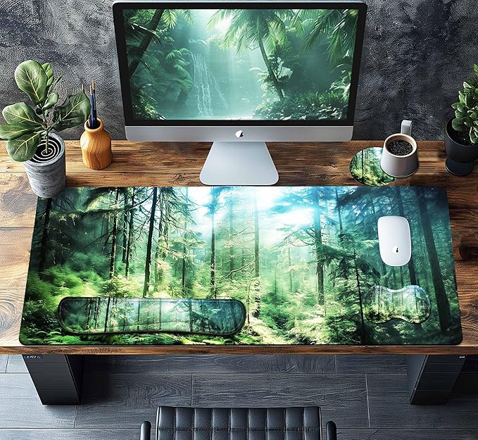 4-Piece Extended Large Mouse Pad Set for Women Men with Green Forest Design Includes 35.4 x 15.7 XXL Large Mouse Pad Keyboard Wrist Rest Mouse Wrist Support and Coaster for Office Home