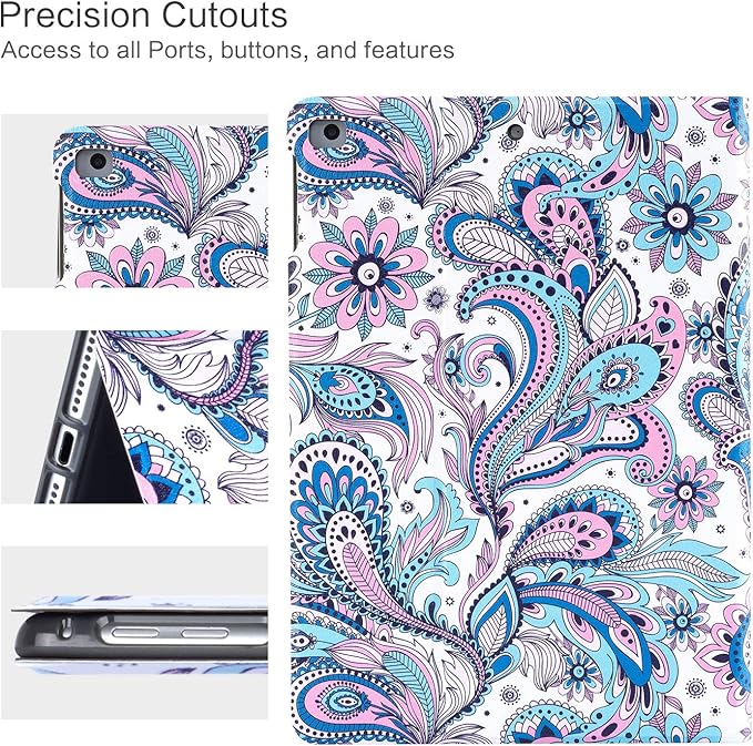 Ipad Air Case, Ipad Air 2 Case, Ipad 9.7 Inch 2017 2018 Case, Ipad 5th 6th Case, Vimorco Premium Leather Protector Cover, Adjustable Stand with Smart Auto Wake/Sleep, White Paisley