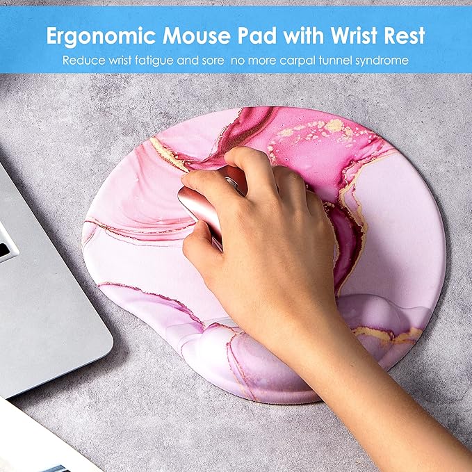 Ergonomic Mouse Pad with Wrist Support,Cute Mouse Pads with Wrist Rest,Comfortable Mouse Pad for Home Office Gaming Working Computers Laptop,Pain Relief with Non-Slip PU Base (Pink Marble)
