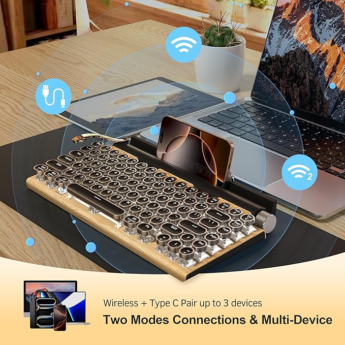 Retro Typewriter Wireless Mechanical Gaming Keyboard, Bluetooth 5.0 Office Computer Vintage Keyboards 83-Key Blue Switches Punk Round Keycap, LED Backlight, Compatible with PC/Laptop/Pad/Phone, Wood