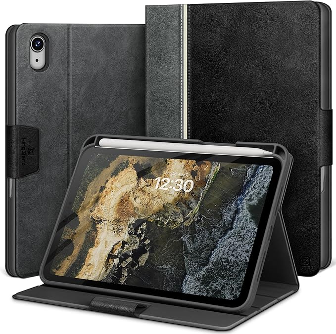 KingBlanc Case for iPad mini 7 (A17 Pro), iPad mini 7th/6th Generation (2024/2021) Vintage Vegan Leather Cover with Pencil Holder, Auto Sleep/Wake, Stand with Viewing & Drawing Angles, Black