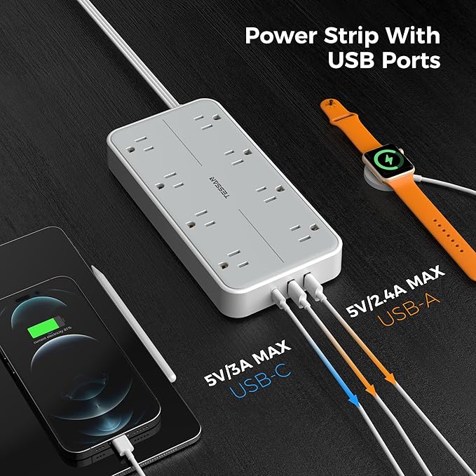 TESSAN Power Strip Surge Protector, 10FT Flat Plug Extension Cord with 8 Outlets 3 USB Charger(1 USB C), 1080 Joules Protection, Wall Mountable Charging Station for Home Office Dorm, Gray