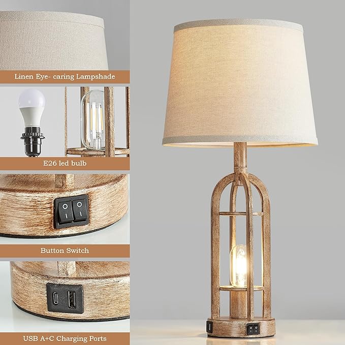 SRJJA Table Lamps for Living Room End Table Set of 2 - Rustic Farmhouse Bedside Lamps for Bedroom Nightstand with Nightlight and USB A+C, 4 Bulbs Included