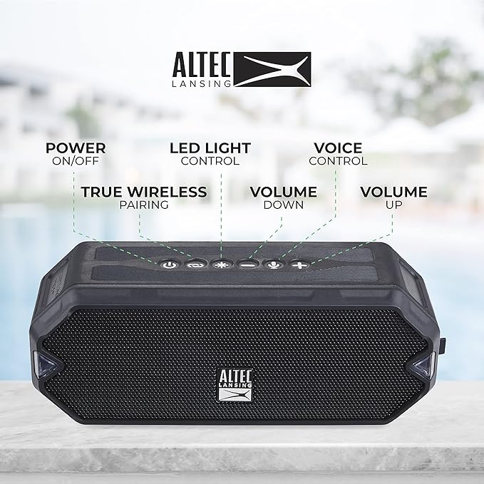 Altec Lansing - HydraJolt Wireless Bluetooth Speaker, Waterproof Portable Speakers with Built in Phone Charger and Lights, Everything Proof Outdoor, Shockproof, Snowproof, 16 Hours Playtime