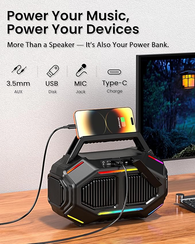 ShellHome Bluetooth Outdoor Speakers, 80W(Peak) Loud Wireless Speaker, 30H Playtime, RGB Lights, BassUp 2.0, IPX6 Waterproof, TWS, Bluetooth 6.0, Portable Boombox for Party, Pool, Beach (Pink)