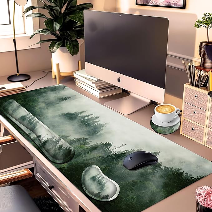 Forest Desk Pad Large Gaming Mouse Pad Set 35.4 x 15.7 with Keyboard Wrist Rest, Wrist Support, and Coaster Memory Foam Smooth Desk Pad Mousepad for Home Office School