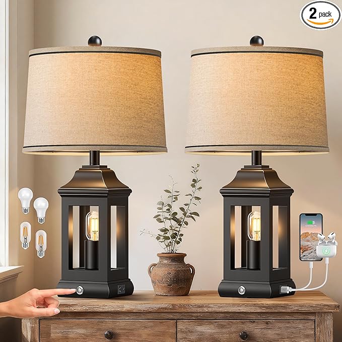 24" Rustic Farmhouse Table Lamps for Living Room Set of 2, Touch Dimmable Nightlight Vintage Bedside Lamps with USB A+C Ports & Dual Light Sources for Bedroom Nightstand End Table, Matte Black