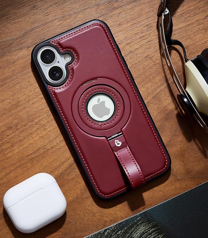 Butaiga for iPhone 16 Plus Leather Case with Stand, Anti-Slip Grip Ring, Fits for MagSafe (Burgundy, iPhone 16 Plus)