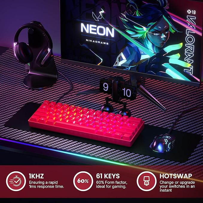 GK61 Mechanical Gaming Keyboard - 61 Keys Multi Color RGB Illuminated LED Backlit Wired Programmable for PC/Mac Gamer (Gateron Optical Yellow, Red)