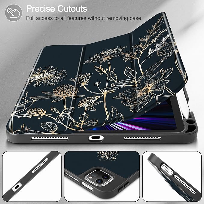 May Chen Case for iPad Pro 11 inch (4th, 3rd, 2nd & 1st Gen) 2022 2021 2020 2018, Trifold Stand + Pencil Holder + Auto Wake/Sleep + Soft TPU Protective Stand Back Cover, Abstract Floral
