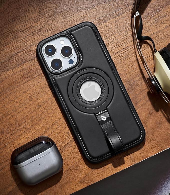 Butaiga for iPhone 12 Pro Max Leather Case with Stand, Anti-Slip Grip Ring, Fits for MagSafe (Black, iPhone 12 Pro Max)
