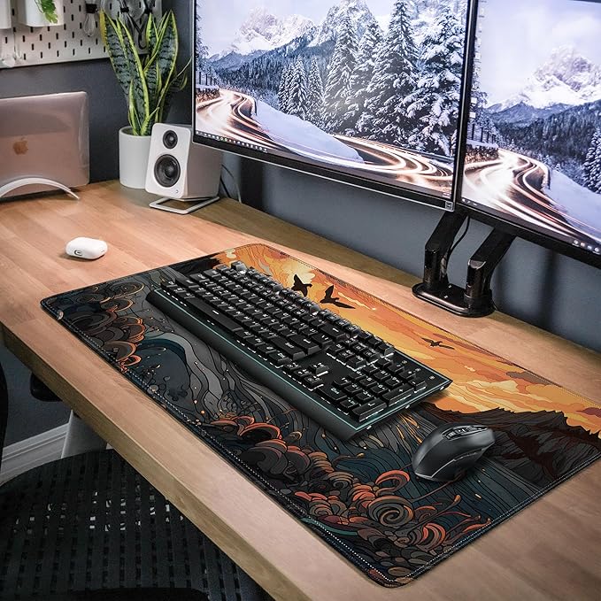 Japanese Sea Waves Large Gaming Mouse Pad,Anime Mouse Pad Gaming Mouse Mat Desk Pad,31.5 x 11.8in Desk Mat Mouse Pads for Desk,Extended Keyboard Pad XL Mousepad with Non-Slip Base and Stitched Edge