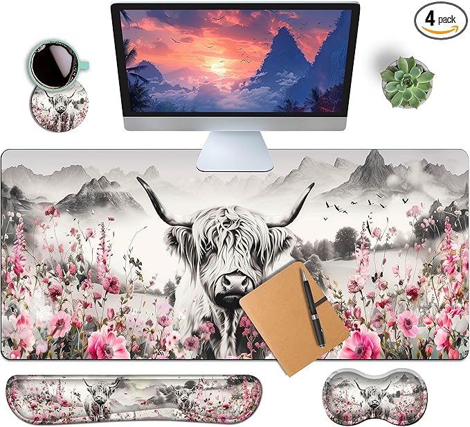 4-Piece Extended Large Mouse Pad Set for Women Men with Highland Cow Design Includes 35.4 x 15.7 XXL Large Mouse Pad Keyboard Wrist Rest Mouse Wrist Support and Coaster for Office Home