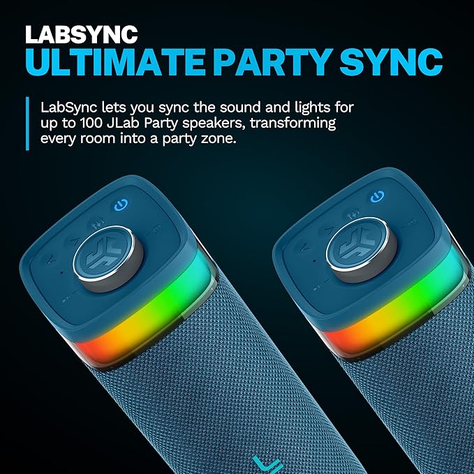 JLab, JBuds Party, Portable Bluetooth Speaker, Waterproof, Multi-Speaker Connection, RGB Lighting, Navy