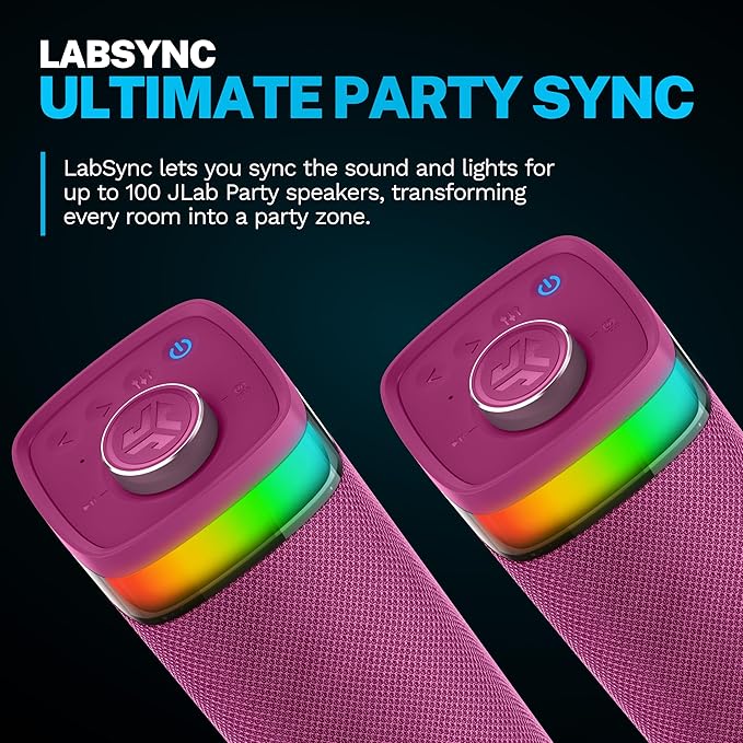 JLab JBuds Party Portable Bluetooth Speaker, 2 Full-Range Drivers + 2 Passive Woofers, IP56 Waterproof, 12 Hours Playtime, Connect Multiple Speakers, Custom Sound + RGB Lighting via App, Mulberry