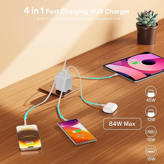 iVANKY Smallest 4-in-1 Retractable GaN Wall Charger for iPhone 17 Air, 45W USB C Charger Block with Dual USB C Cables, Fast Charging Samsung, 4-Port Adapter for 16/15/14 Pro Max, MacBook Neo