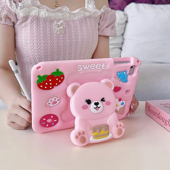 3D Cute Bear Case for iPad 10th Generation (2022) 10.9 inch/iPad (A16) 11th 2025 11 inch,Cartoon Pretty Sweet Bear Soft Silicone Foldable Stand Case with Lanyard for Kids Teens Girls