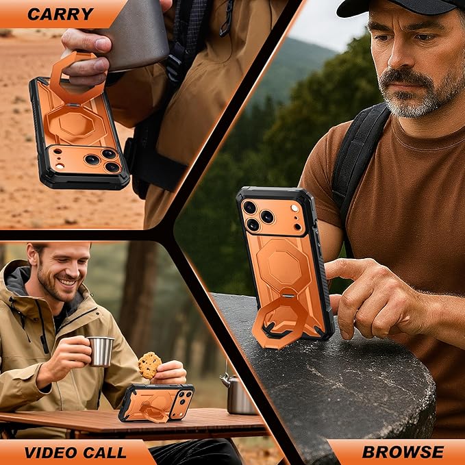TONGATE for iPhone 17 Pro Max Case with 360° Spin Magnetic Stand, [Compatible with MagSafe][Military-Grade Protection] with Privacy Screen Protector & Camera Control Cover for 17 ProMax, Clear Orange
