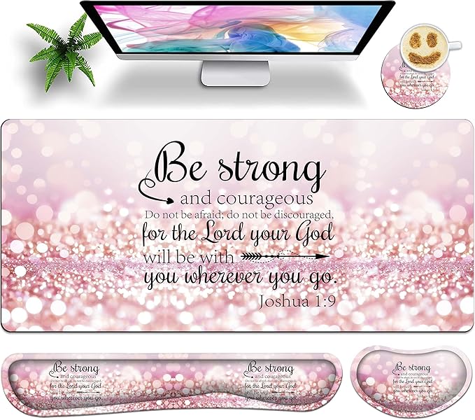Large Gaming Mouse Pad Set 35.4 x 15.7 with Keyboard Wrist Rest, Wrist Support, and Coaster Memory Foam Smooth Desk Pad Mousepad for Home Office School - Quote Bible