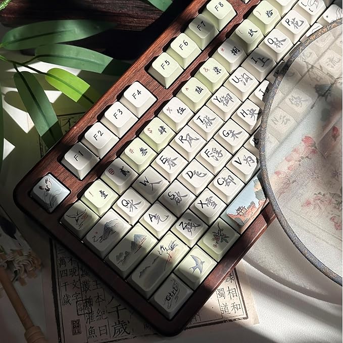 PBT Keycaps-Green Aesthetic Custom Cherry Keycaps,118 Keys Dye Sub Chinese Ancientry Theme Custom Key Caps Keyboard Keycap Set for 100%, 75%, 65%, 60% Mechanical Keyboard