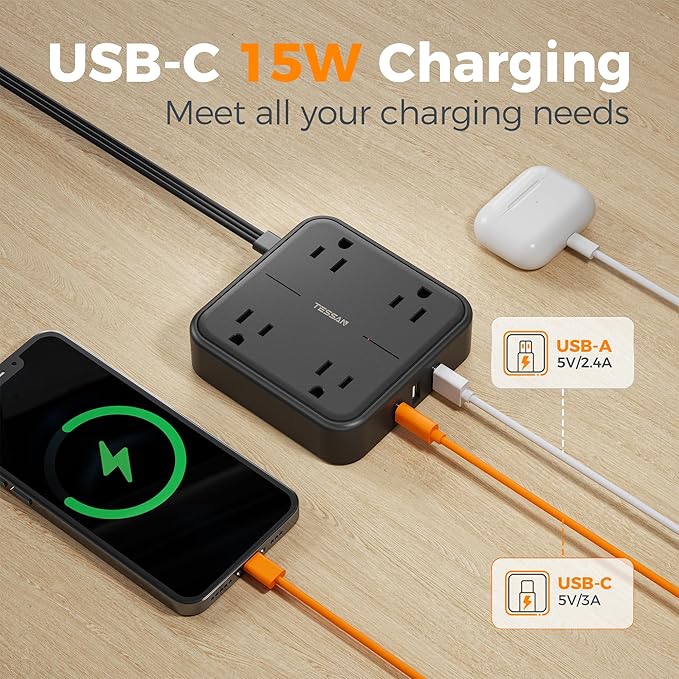 TESSAN Surge Protector Flat Extension Cord 15Ft, Flat Plug Power Strip with 4 Outlets 3 USB Ports (1 USB C), 900 Joules Protection, Multiple Wall Outlet Extender Suitable for Home Office Dorm, Black